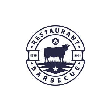 BBQ circle stamp with cow for barbecue restaurant logo design