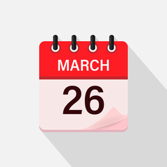 March 26, Calendar icon with shadow. Day, month. Flat vector illustration.