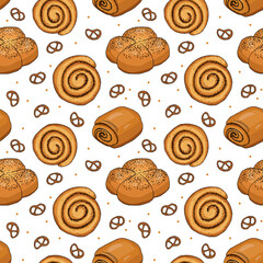 Illustration seamless pattern. Poppy seed buns of different types. Snail, roll, muffin, pretzels on a white background. Simple doodle sketch style.