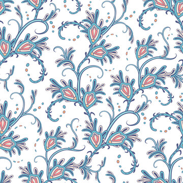 Embroidery seamless vector print with paisley flowers. Persian traditional apparel pattern using boteh. Floral buta background for clothes design, fabrics, textile, household items or handmade crafts