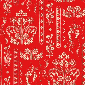 Katazome floral seamless border. Traditional Japanese technique using a katagami stencil. Oriental ornamental pattern. Shibori&nbsp;arranged in small dots to form a flower branch border design.