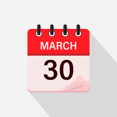 March 30, Calendar icon with shadow. Day, month. Flat vector illustration.