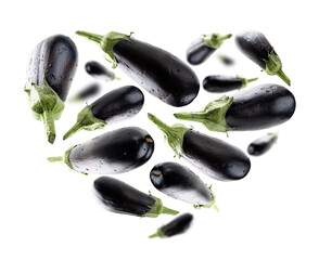 Ripe eggplant in the shape of a heart on a white background