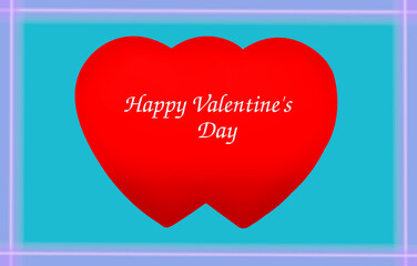 Valentine's greeting card including two large joined hearts and Happy Valentine's day texts on the hearts with blue and purple boundary line background
