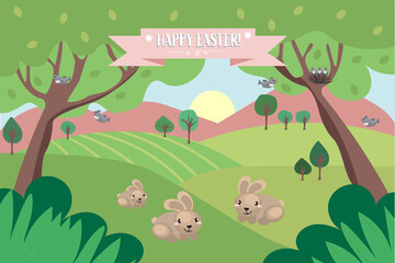 A happy Easter banner and postcard with hares in the nature. A flat illustration. 