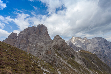 Fototapeta na wymiar Panorama of Mount Duranno southern face and the Cima dei Preti mountain range, Dolomites, Italy