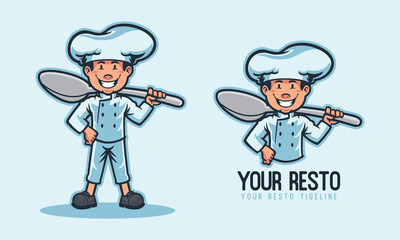 kid chef holding big mascot logo spoon