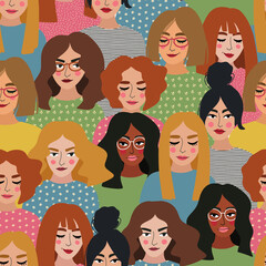 Seamless pattern with female portraits. International Women's Day. Vector illustration