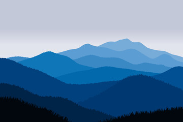 Vector illustration of beautiful scenery mountains in dark blue gradient color