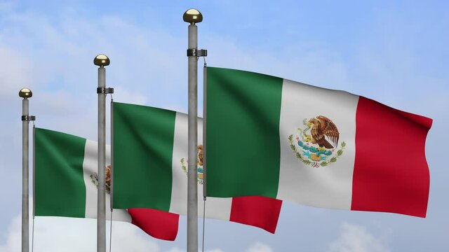 Mexican flag waving in the wind with blue sky and clouds. Mexico banner blowing, soft and smooth silk. Cloth fabric texture ensign background. Use it for national day and country occasions concept-Dan
