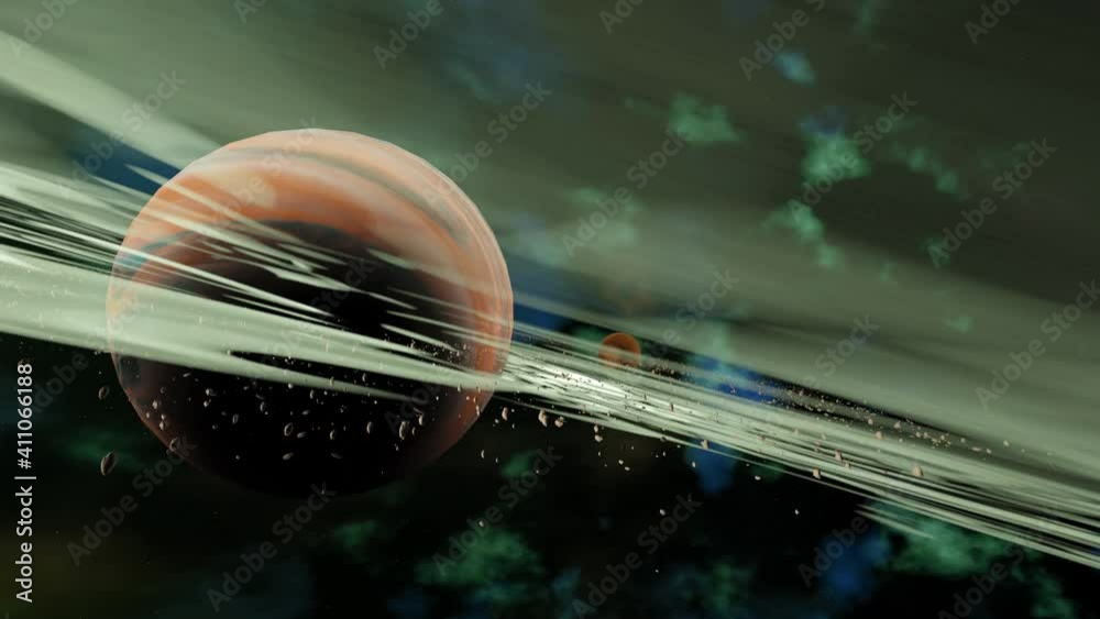 Sticker animation of planet surrounded by asteroid debris in space .