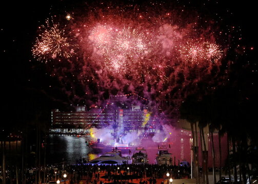 Fireworks explode over the Gasparilla Pirate Ship in Tampa