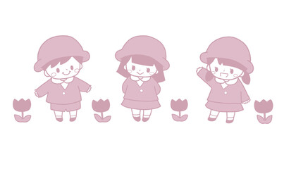 かわいい幼稚園児と並んだチューリップの春の子ども手描き風ピンクイラスト