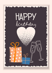 Stylish card with gifts, glasses of champagne and a heart shape. Happy birthday lettering. Greeting card in flat design with animals. Vector illustration. All objects are isolated