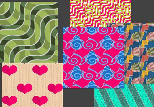 Seamless Pattern Set with Retro Colored Geometric Shapes and 3D Shadow Effect