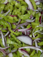 Mixed vegan salad with onion carrots peppers close up catering modern high quality prints