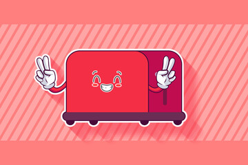 SMILING, HAPPY, UWU Face Emotion. Double Peace Finger Hand Gesture. Toaster Cartoon Drawing Mascot Illustration.