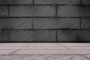 Empty room interior gray dark brick floor with copy space for add text presentation.brick floor perspective. can montage display or deiting put product on brick and text on background.