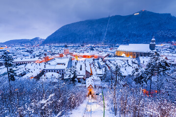 Brasov, Transylvania - Winter night with downtown.