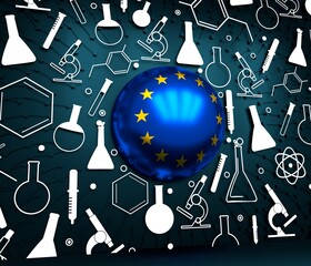 Chemistry creative concept. Circle frame with icons. Flag of European Union. 3D rendering