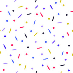 Seamless pattern in vector. Colorful elements. Sprinkles, confetti, carnival, cheerful, festive, tropical design. Fun print for kids and teens. For printing on fabrics and wrapping papers.