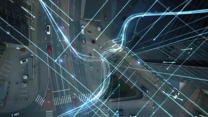 Big City Businessman Uses Smartphone, Stands on Crowded Street. E-Commerce Visualization of Information Lines Flying from Mobile Phone into Global Digital Network. Top Down Zoom out Aerial Drone Shot - Powered by Adobe