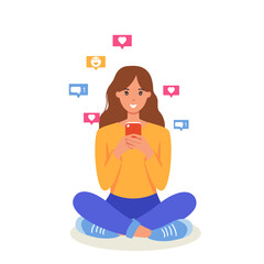 Woman texting with a smartphone, social media icons. Concept vector illustration in flat style. Cute happy girl holding cellphone, using mobile dating application to chat or sending romantic message. 