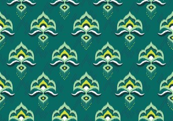 Geometric ethnic oriental ikat seamless pattern traditional Design for background traditional ,carpet,wallpaper,clothing,wrapping,Batik,fabric, Green background. Vector illustration embroidery style.