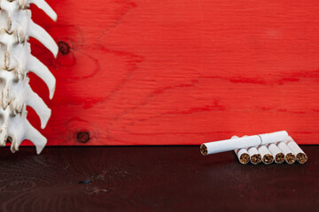 Close up cigarette and the skeleton of a dog's spine on red background, Quit Smoking, Stop Smoking Cigarette Concept.