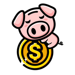 cute piggy bank vector design hugging big coin