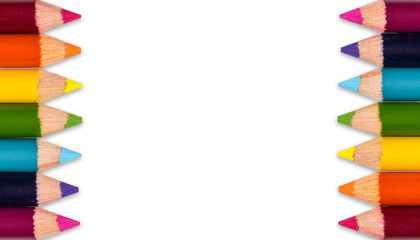 Colored pencils. Rainbow school supplies for drawing. Copy space on white isolated background.