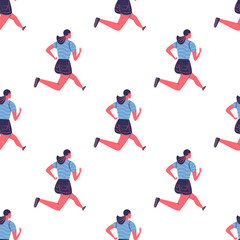 Seamless pattern of running young women in sportswear. cute girls background.