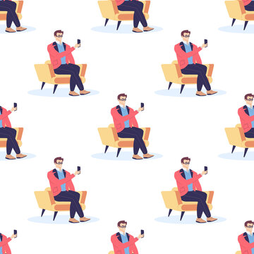 Seamless pattern with office workers. Young men sitting in a comfortable chairs and takes a selfie using smartphones