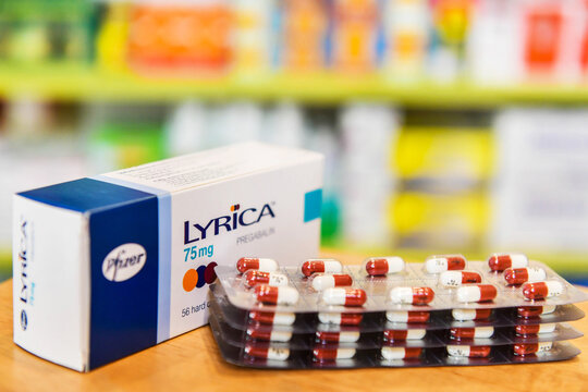 Bangkok, Thailand - JUNE 27, 2019 : Medicine Lyrica box  75 mg  for treatment neuropathic pain in pharmacy drugstore.	