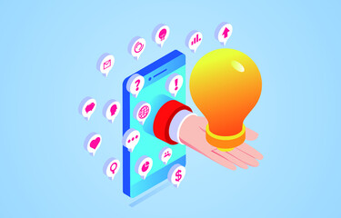 Online creative service and consultation, hand holding glowing light bulb sticking out of smartphone screen