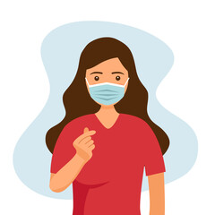 A woman wearing medical face mask and show message of love hand gesture. Hand fold into heart symbol. Korean symbol finger heart design vector illustration.	