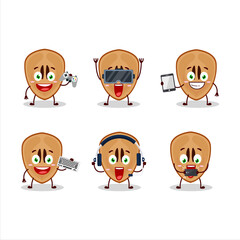 Slice of sapodilla cartoon character are playing games with various cute emoticons