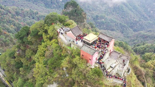 aerial view of wudang mountain, the pilgrimage was crowded,the golden palace on highest peak, taoist holy land, hubei province, China