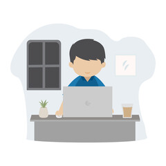 Man working at home with laptop flat cartoon style. Vector illustration Man sitting at desk in home with some decoration a drink and plant room.