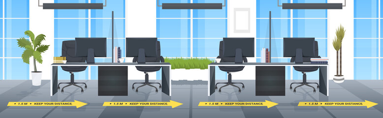 workplace desk with signs for social distancing yellow stickers coronavirus epidemic protection measures office interior horizontal vector illustration