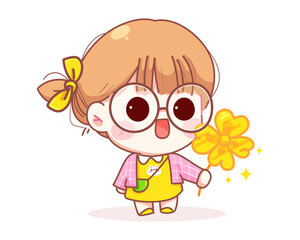 Cute girl holding flower cartoon illustration