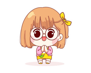 Cute girl holding hands in pray, Thankful and relieved happy cartoon illustration