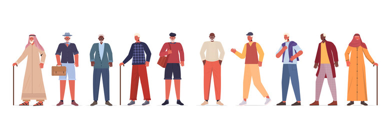 set mix race old men in casual trendy clothes senior male cartoon characters collection full length horizontal vector illustration