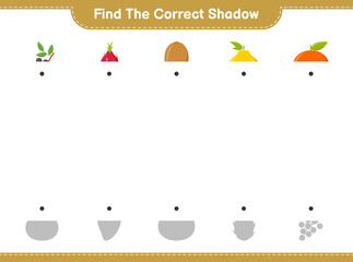 Find the correct shadow. Find and match the correct shadow of Fruits. Educational children game, printable worksheet, vector illustration