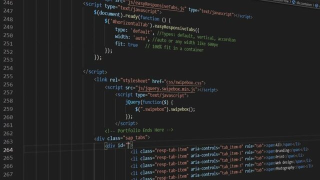 Web developer typing programming code. Abstract computer script code. Programming code screen of web developer. HTML Web Page 
typing, abstract technology background. cinematic footage programming.