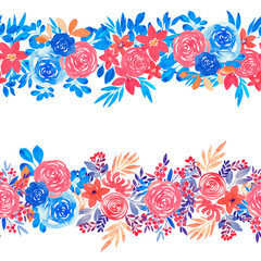 Fototapeta na wymiar Two horizontal floral stripes on a white background. Watercolour blooming abstraction. Seamless colorful pattern for postcards, designs, frames, invitations, etc.
