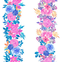 Two vertical floral stripes on a white background. Watercolour blooming abstraction. Seamless colorful pattern