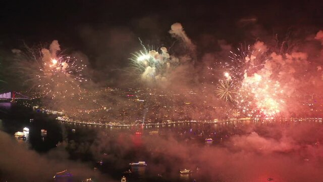 
Fantastic fireworks celebration. Introduction to the new year. Fireworks ceremony in the middle of the sea. Celebration image from the air.