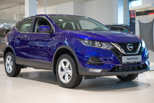 ST. PETERSBURG, RUSSIA - JULY 09, 2019: New Blue Nissan Qashqai Close-up In Showroom Of Official Dealer