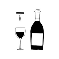 bottle, glass with wine and corkscrew set icon, sticker. sketch hand drawn doodle style. minimalism, monochrome. drinks, bar.